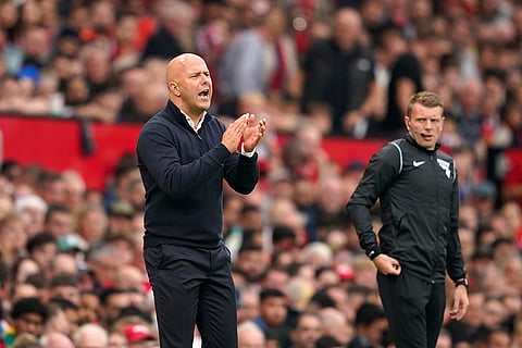 English Premier League 2024-25 Liverpool vs Manchester United: Liverpool's manager Arne Slot reacts at the sideline